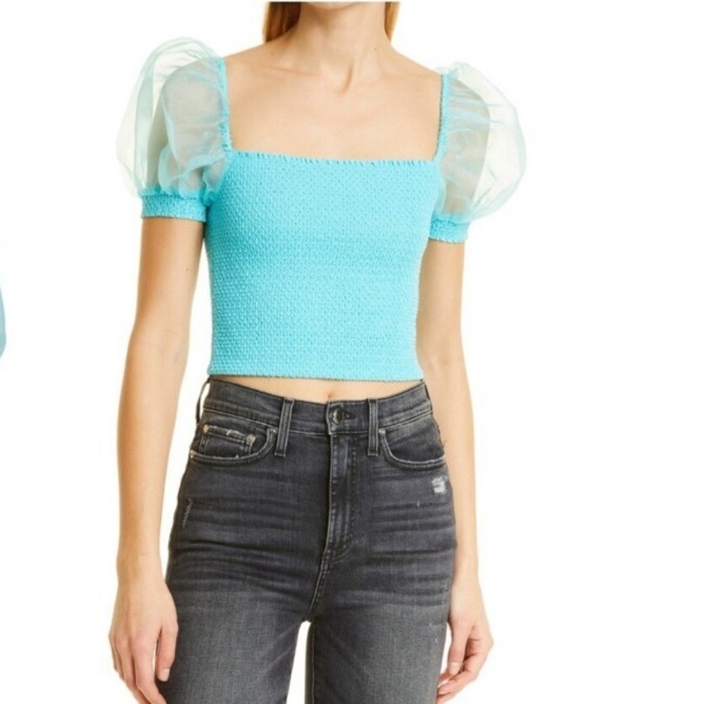 Alice + Olivia Eliana Puff Sleeve Smocked Top NWT Turquoise Size L Sold Out